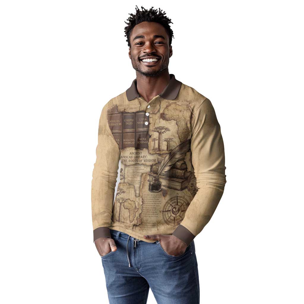 Ngugi wa Thiong O Long Sleeve Polo Shirt Vintage Map Ancient African Library - Decolonising the Mind - Wonder Print Shop