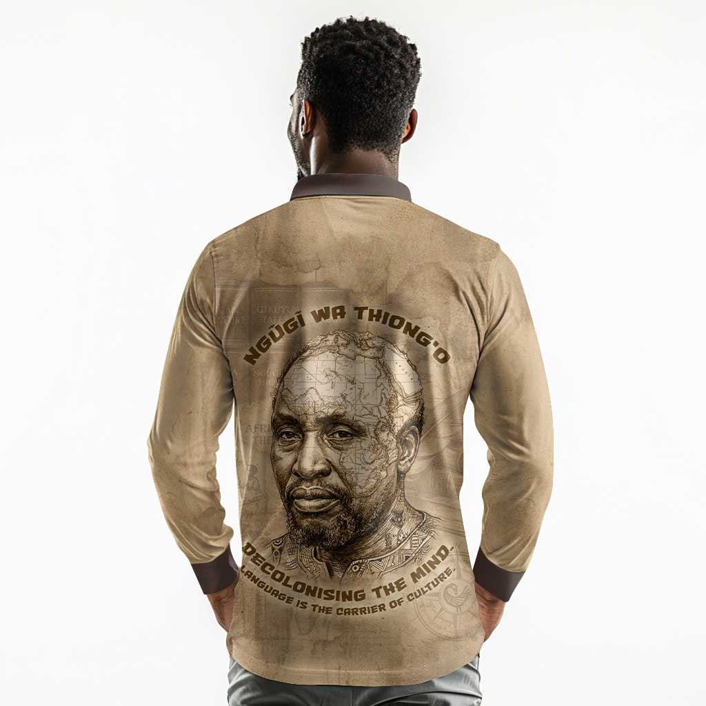Ngugi wa Thiong O Long Sleeve Polo Shirt Vintage Map Ancient African Library - Decolonising the Mind - Wonder Print Shop
