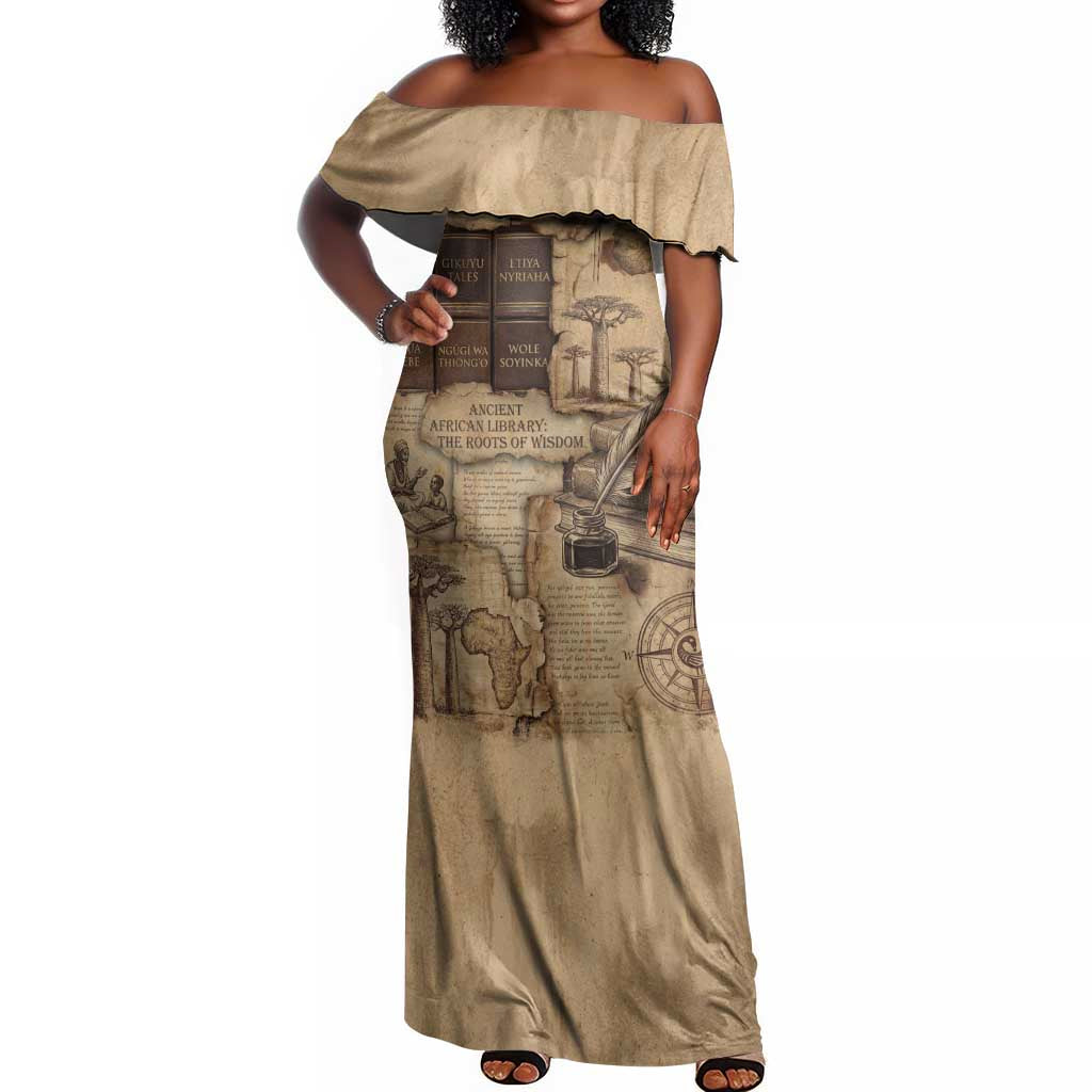 Ngugi wa Thiong O Off Shoulder Maxi Dress Vintage Map Ancient African Library - Decolonising the Mind - Wonder Print Shop