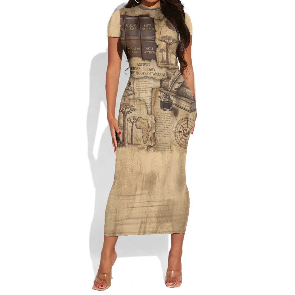 Ngugi wa Thiong O Short Sleeve Bodycon Dress Vintage Map Ancient African Library - Decolonising the Mind - Wonder Print Shop