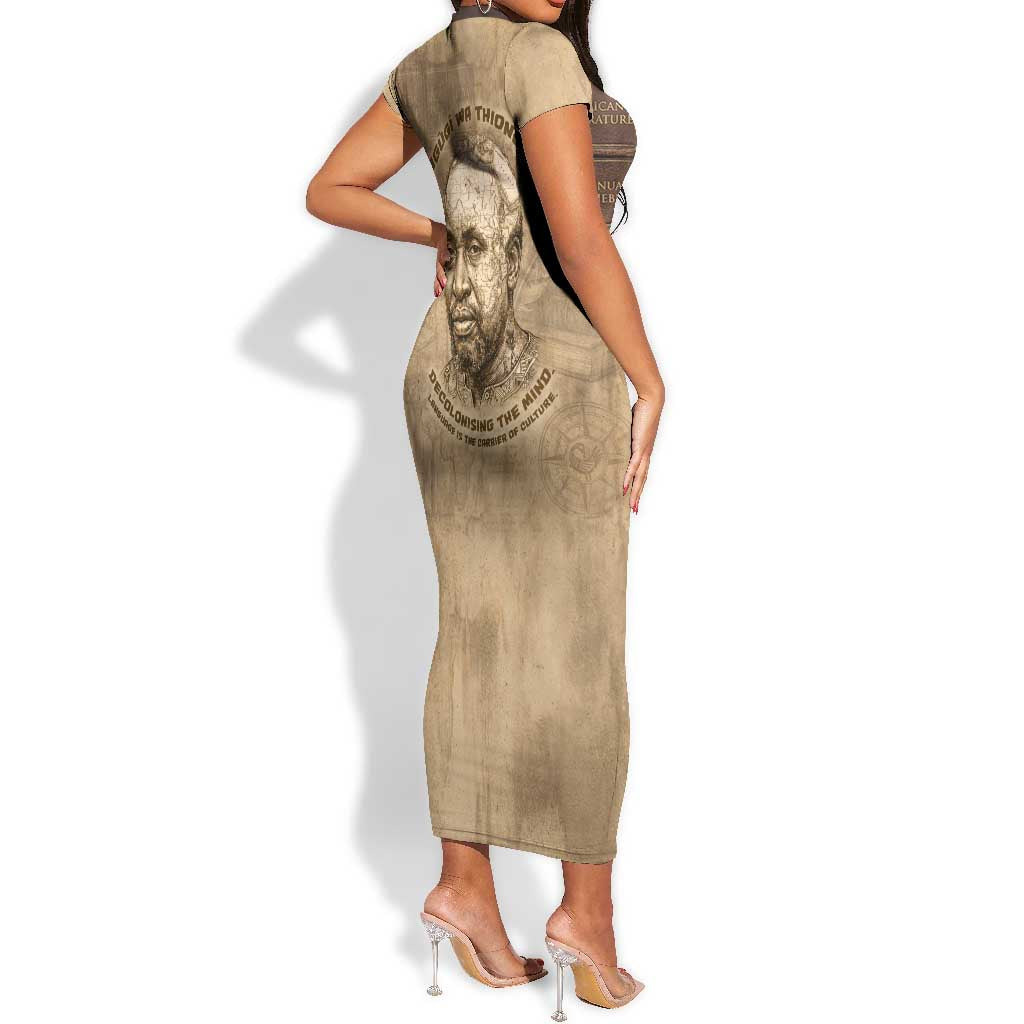 Ngugi wa Thiong O Short Sleeve Bodycon Dress Vintage Map Ancient African Library - Decolonising the Mind - Wonder Print Shop