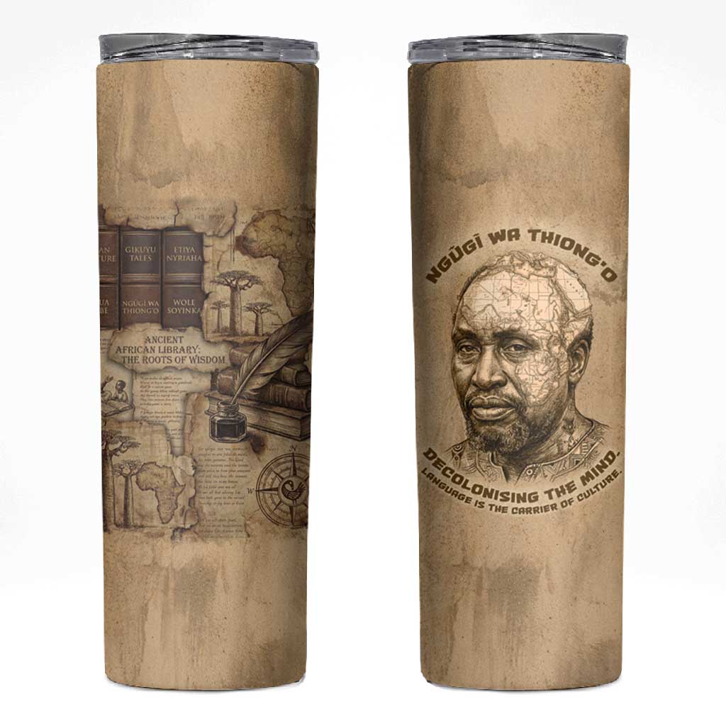 Ngugi wa Thiong O Skinny Tumbler Vintage Map Ancient African Library - Decolonising the Mind - Wonder Print Shop