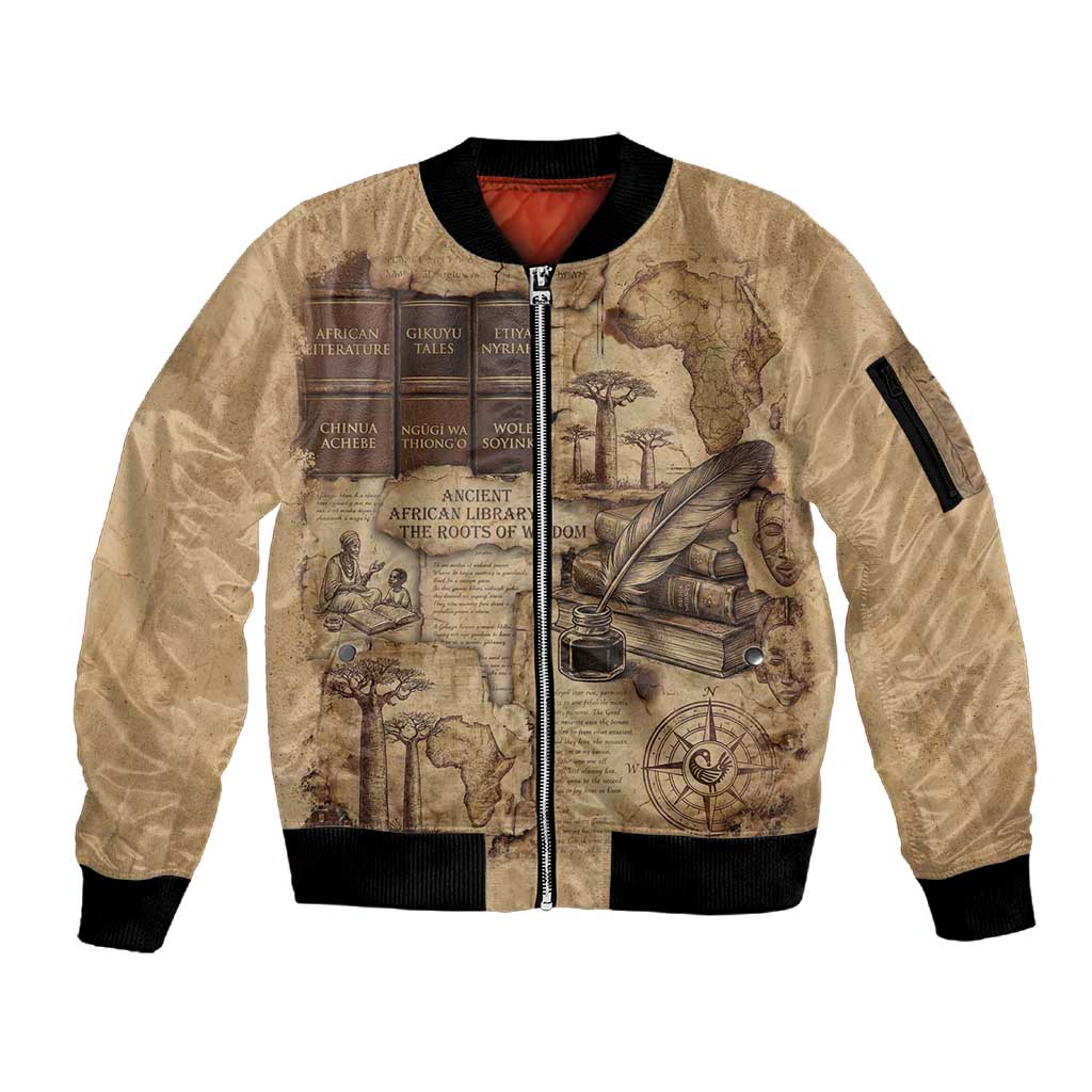Ngugi wa Thiong O Sleeve Zip Bomber Jacket Vintage Map Ancient African Library - Decolonising the Mind - Wonder Print Shop