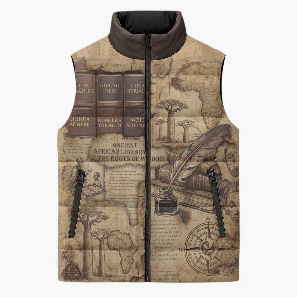 Ngugi wa Thiong O Sleeveless Puffer Jacket Vintage Map Ancient African Library - Decolonising the Mind - Wonder Print Shop