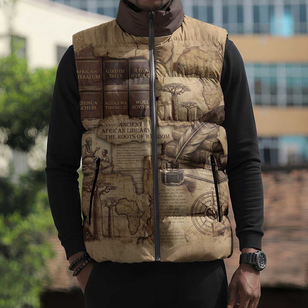 Ngugi wa Thiong O Sleeveless Puffer Jacket Vintage Map Ancient African Library - Decolonising the Mind - Wonder Print Shop