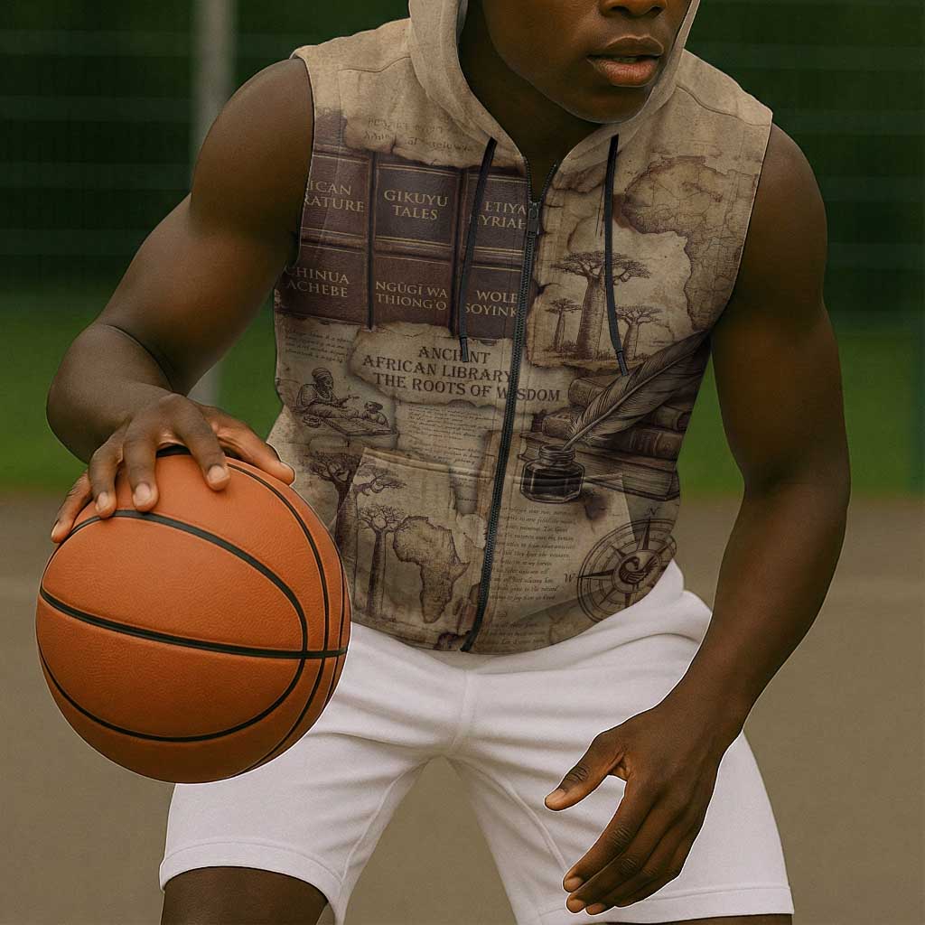Ngugi wa Thiong O Sleeveless Zip Hoodie Vintage Map Ancient African Library - Decolonising the Mind - Wonder Print Shop