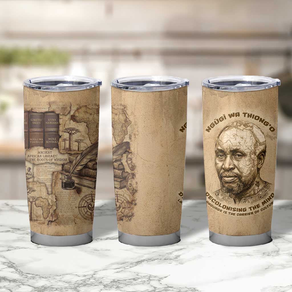 Ngugi wa Thiong O Tumbler Cup Vintage Map Ancient African Library - Decolonising the Mind - Wonder Print Shop