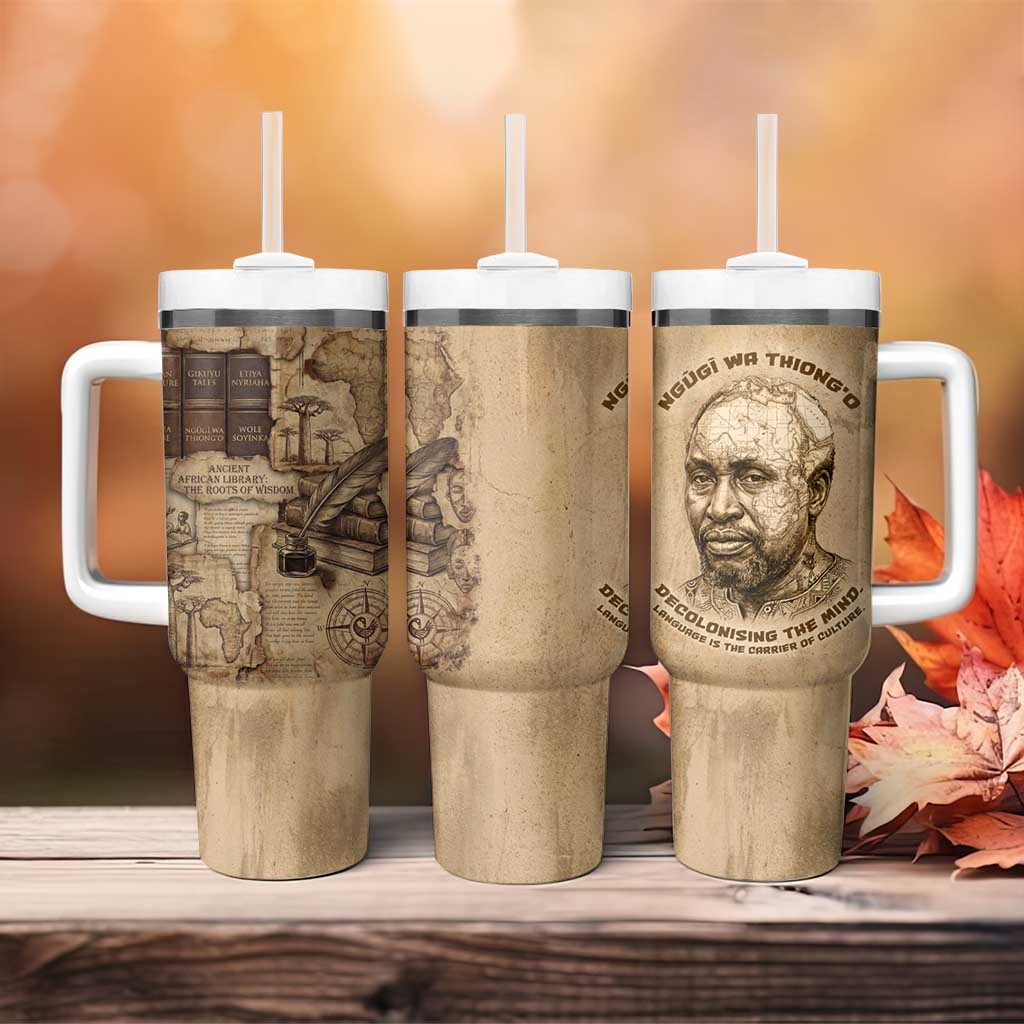 Ngugi wa Thiong O Tumbler With Handle Vintage Map Ancient African Library - Decolonising the Mind - Wonder Print Shop