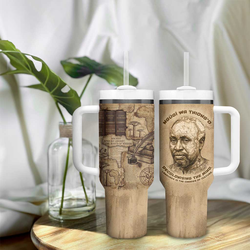 Ngugi wa Thiong O Tumbler With Handle Vintage Map Ancient African Library - Decolonising the Mind - Wonder Print Shop