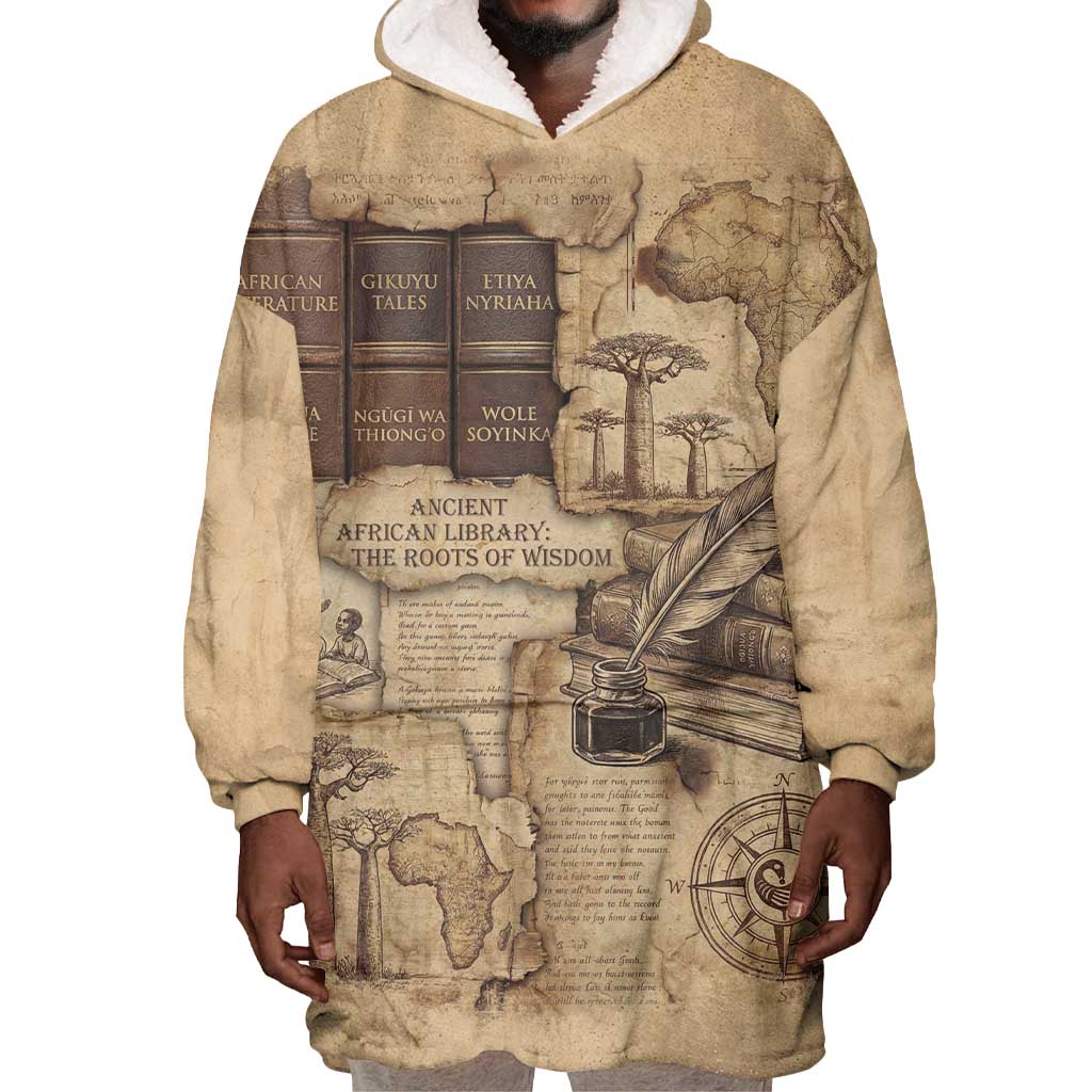 Ngugi wa Thiong O Wearable Blanket Hoodie Vintage Map Ancient African Library - Decolonising the Mind - Wonder Print Shop