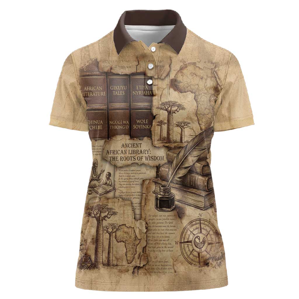 Ngugi wa Thiong O Women Polo Shirt Vintage Map Ancient African Library - Decolonising the Mind - Wonder Print Shop