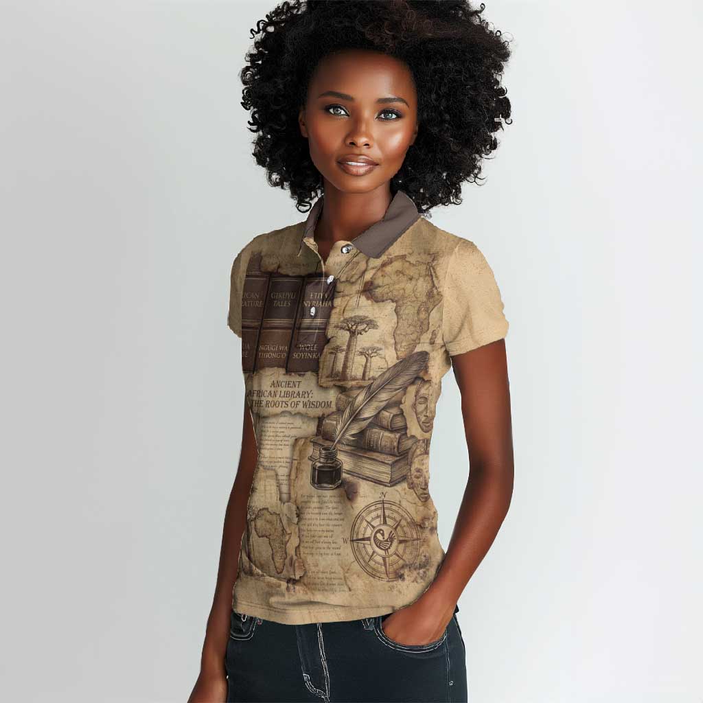 Ngugi wa Thiong O Women Polo Shirt Vintage Map Ancient African Library - Decolonising the Mind - Wonder Print Shop