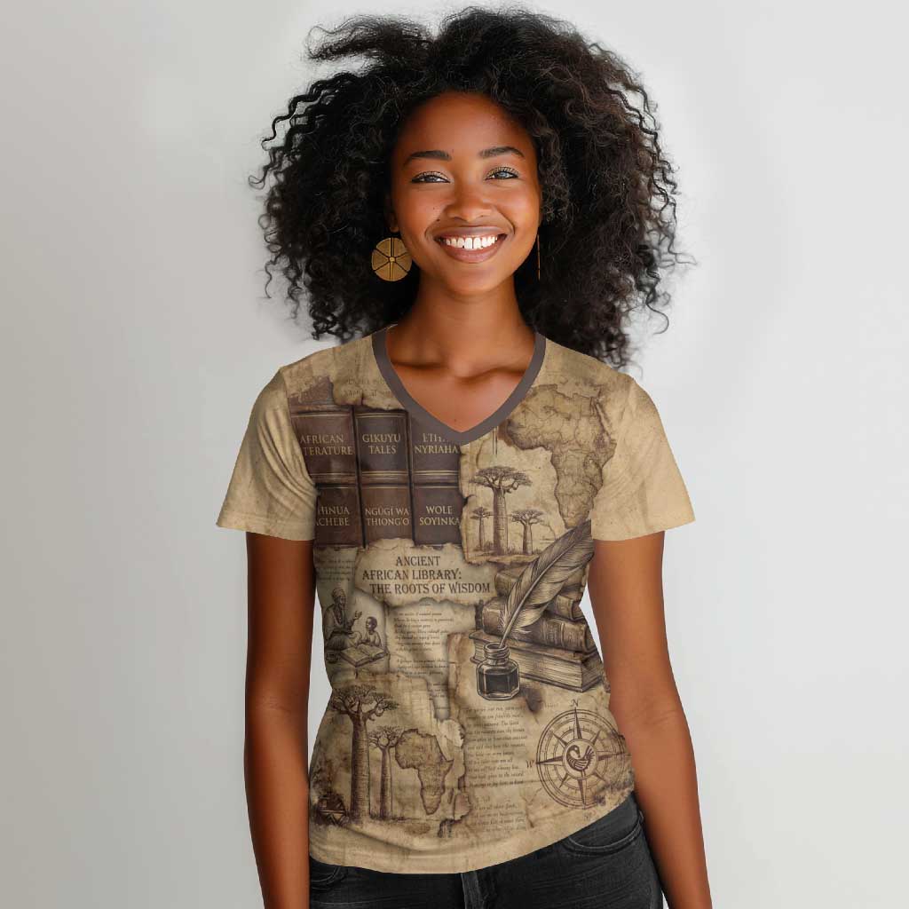 Ngugi wa Thiong O Women V-Neck T-Shirt Vintage Map Ancient African Library - Decolonising the Mind - Wonder Print Shop