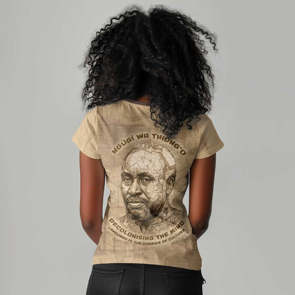 Ngugi wa Thiong O Women V-Neck T-Shirt Vintage Map Ancient African Library - Decolonising the Mind - Wonder Print Shop