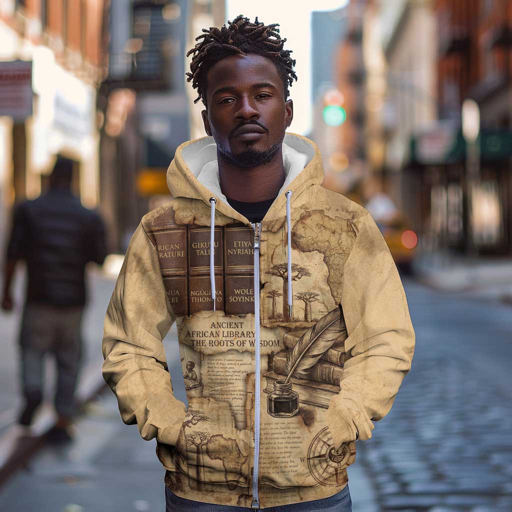 Ngugi wa Thiong O Zip Hoodie Vintage Map Ancient African Library - Decolonising the Mind - Wonder Print Shop