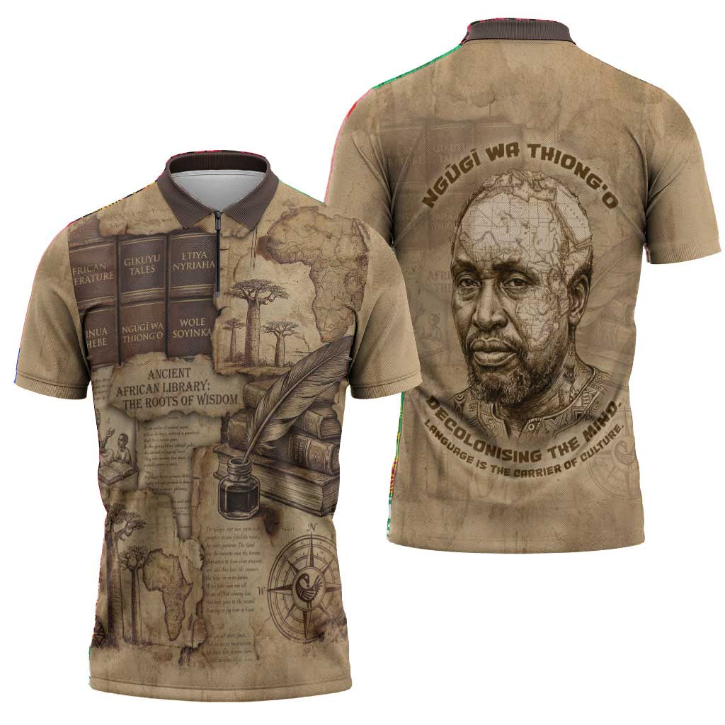 Ngugi wa Thiong O Zipper Polo Shirt Vintage Map Ancient African Library - Decolonising the Mind - Wonder Print Shop