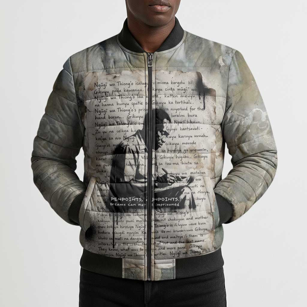 Ngugi wa Thiong O Bomber Puffer Jacket Graffiti Resist Statement Ink Pen Revolution Fist Literary Activism - Wonder Print Shop