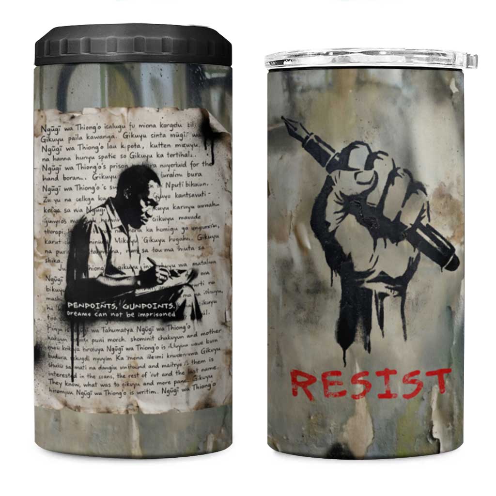 Ngugi wa Thiong O 4 in 1 Can Cooler Tumbler Graffiti Resist Statement Ink Pen Revolution Fist Literary Activism - Wonder Print Shop