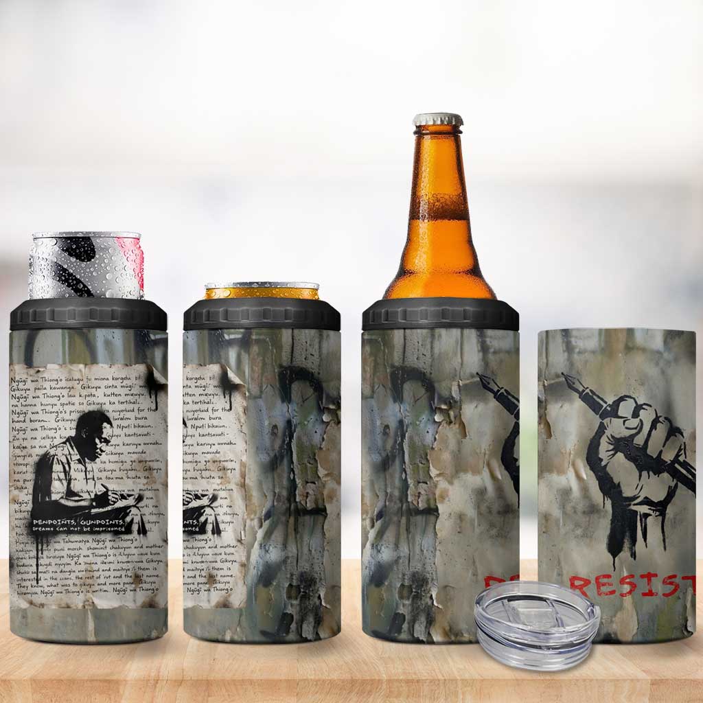 Ngugi wa Thiong O 4 in 1 Can Cooler Tumbler Graffiti Resist Statement Ink Pen Revolution Fist Literary Activism - Wonder Print Shop
