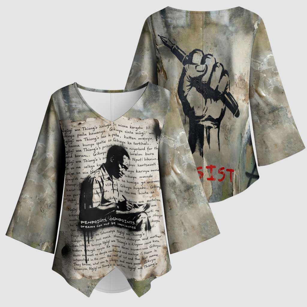 Ngugi wa Thiong O Kimono Sleeve Blouse Graffiti Resist Statement Ink Pen Revolution Fist Literary Activism - Wonder Print Shop
