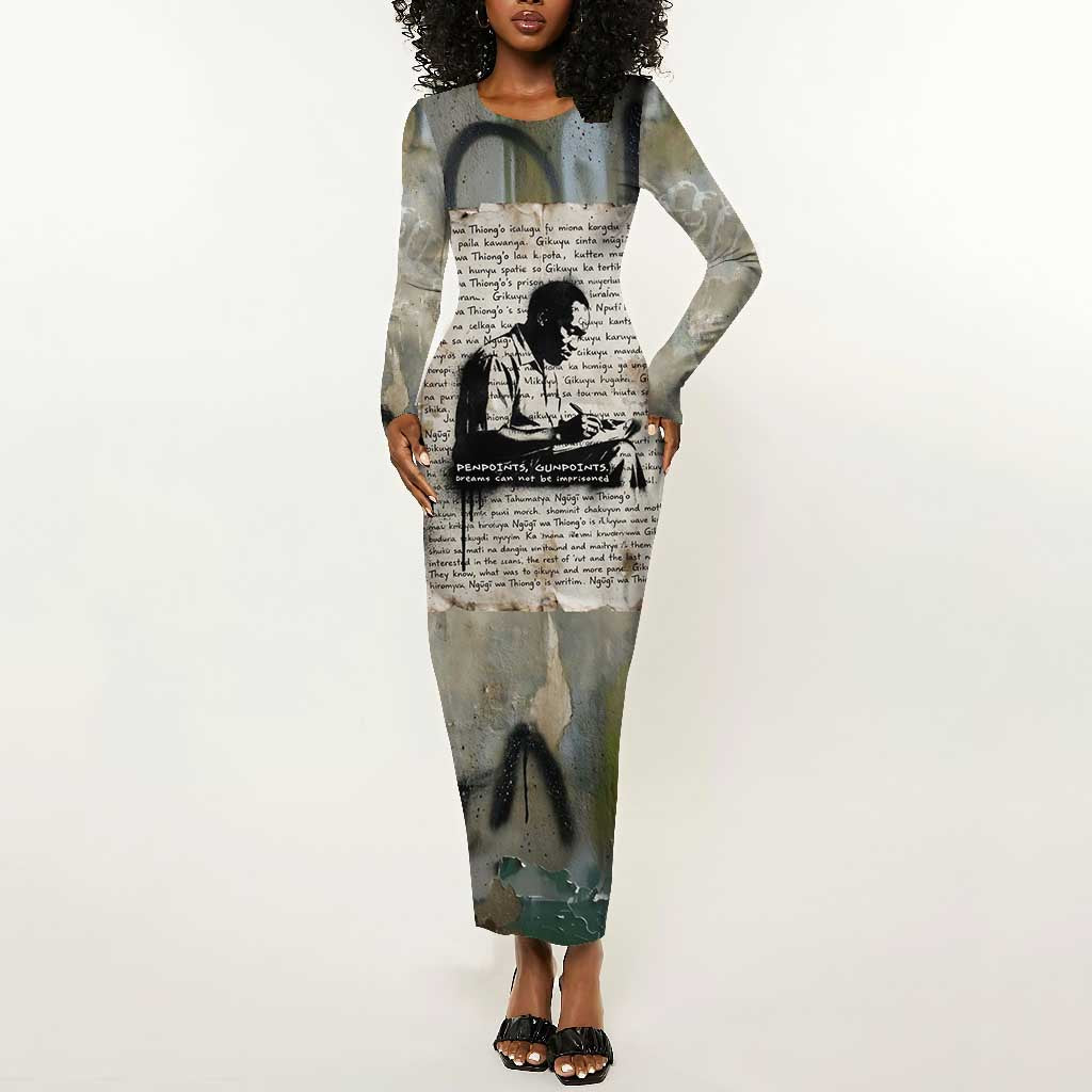 Ngugi wa Thiong O Long Sleeve Bodycon Dress Graffiti Resist Statement Ink Pen Revolution Fist Literary Activism - Wonder Print Shop