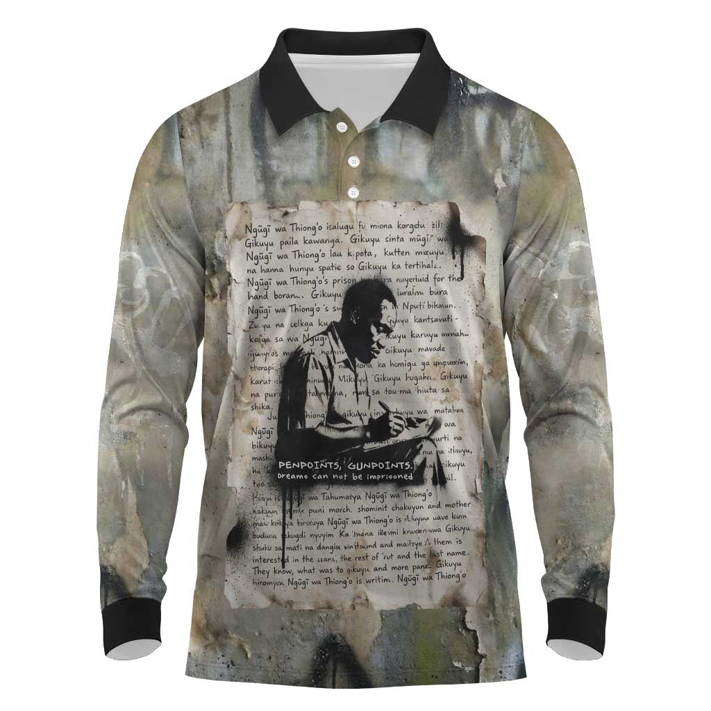 Ngugi wa Thiong O Long Sleeve Polo Shirt Graffiti Resist Statement Ink Pen Revolution Fist Literary Activism - Wonder Print Shop