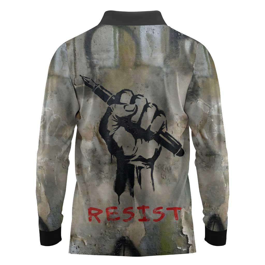 Ngugi wa Thiong O Long Sleeve Polo Shirt Graffiti Resist Statement Ink Pen Revolution Fist Literary Activism - Wonder Print Shop