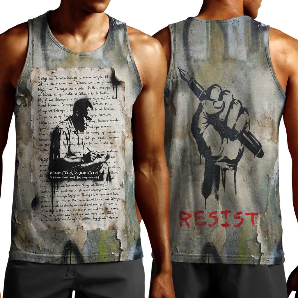 Ngugi wa Thiong O Men Tank Top Graffiti Resist Statement Ink Pen Revolution Fist Literary Activism - Wonder Print Shop