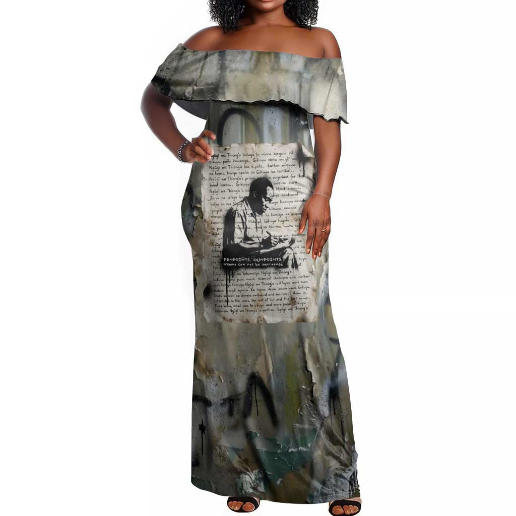 Ngugi wa Thiong O Off Shoulder Maxi Dress Graffiti Resist Statement Ink Pen Revolution Fist Literary Activism - Wonder Print Shop