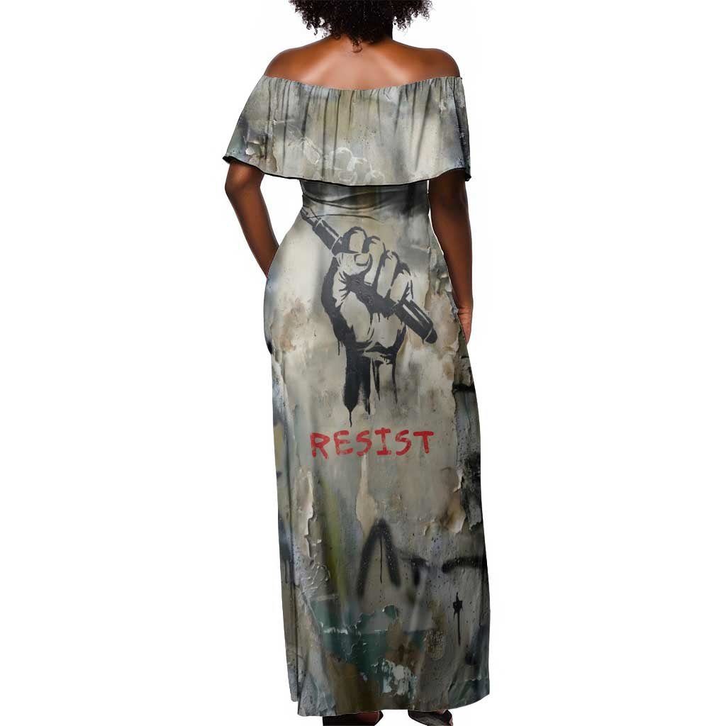 Ngugi wa Thiong O Off Shoulder Maxi Dress Graffiti Resist Statement Ink Pen Revolution Fist Literary Activism - Wonder Print Shop