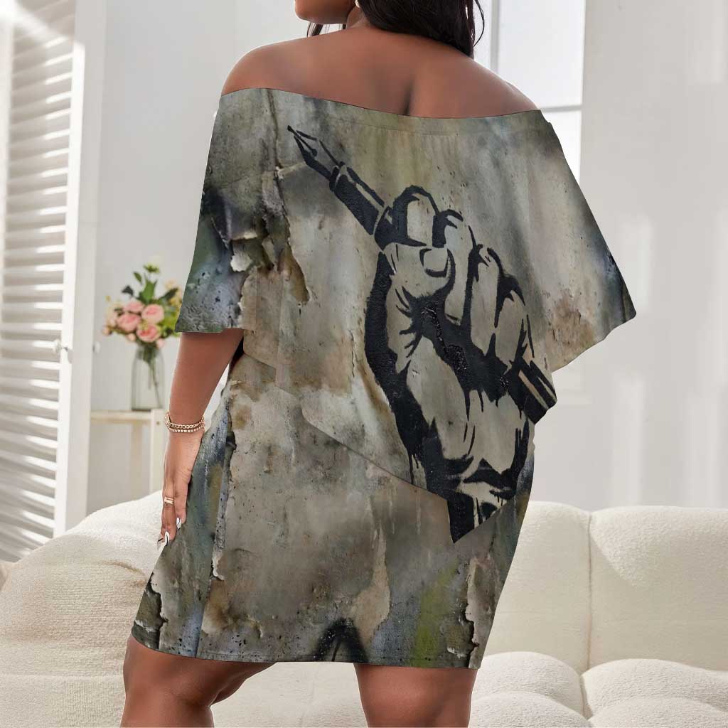 Ngugi wa Thiong O Off Shoulder Short Dress Graffiti Resist Statement Ink Pen Revolution Fist Literary Activism - Wonder Print Shop