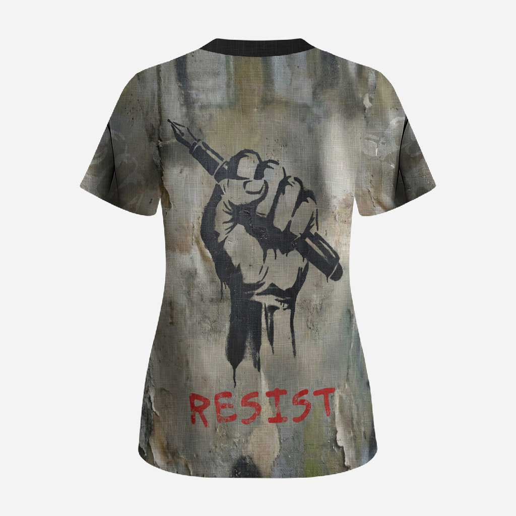 Ngugi wa Thiong O Scrub Top Graffiti Resist Statement Ink Pen Revolution Fist Literary Activism - Wonder Print Shop
