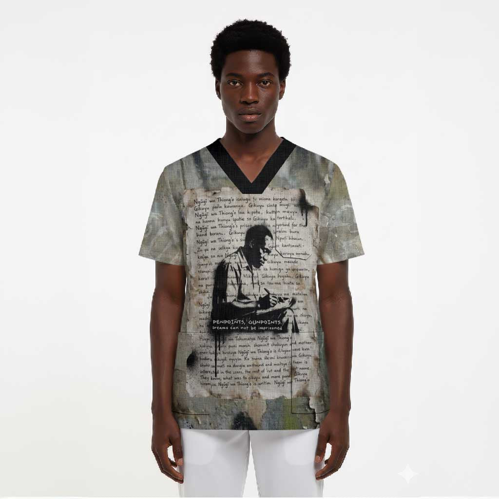 Ngugi wa Thiong O Scrub Top Graffiti Resist Statement Ink Pen Revolution Fist Literary Activism - Wonder Print Shop