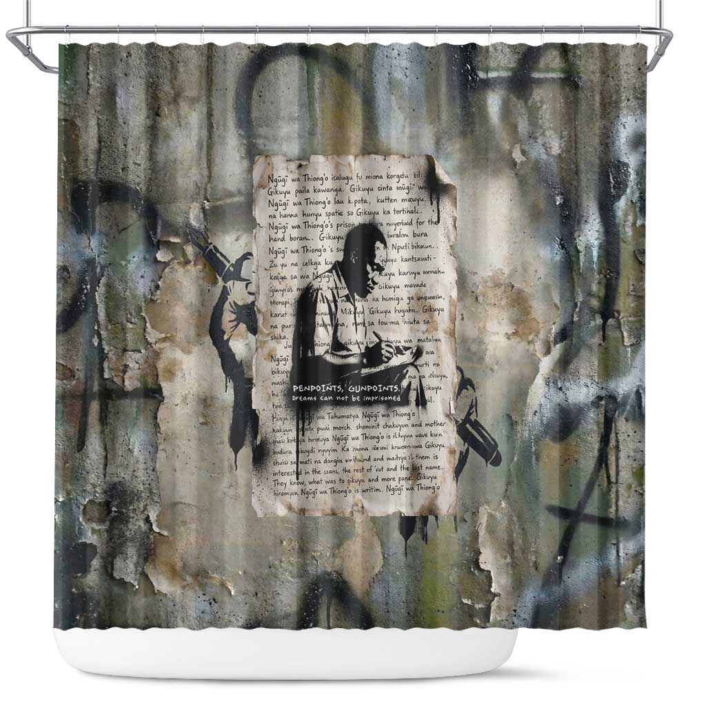 Ngugi wa Thiong O Shower Curtain Graffiti Resist Statement Ink Pen Revolution Fist Literary Activism - Wonder Print Shop