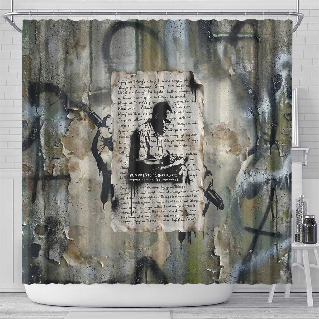 Ngugi wa Thiong O Shower Curtain Graffiti Resist Statement Ink Pen Revolution Fist Literary Activism - Wonder Print Shop