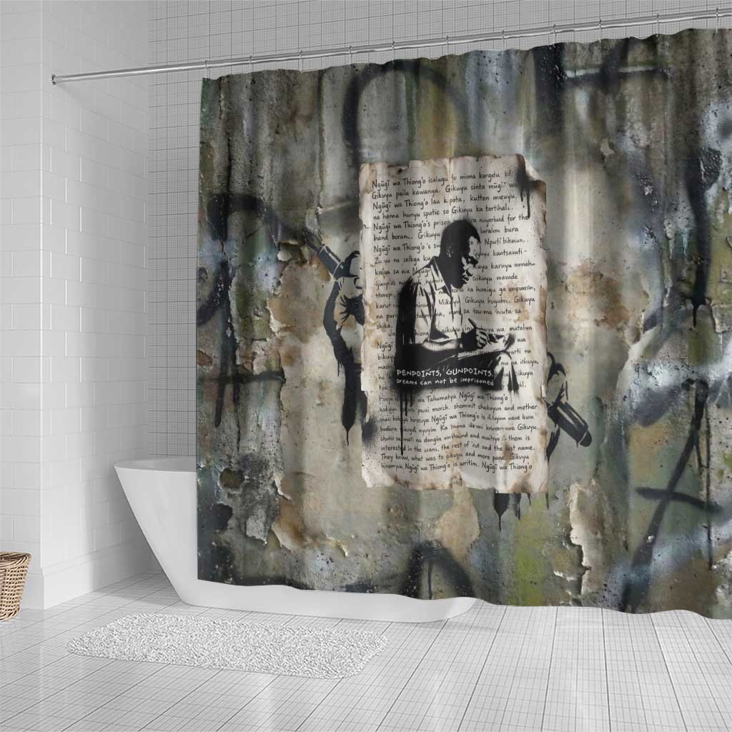 Ngugi wa Thiong O Shower Curtain Graffiti Resist Statement Ink Pen Revolution Fist Literary Activism - Wonder Print Shop