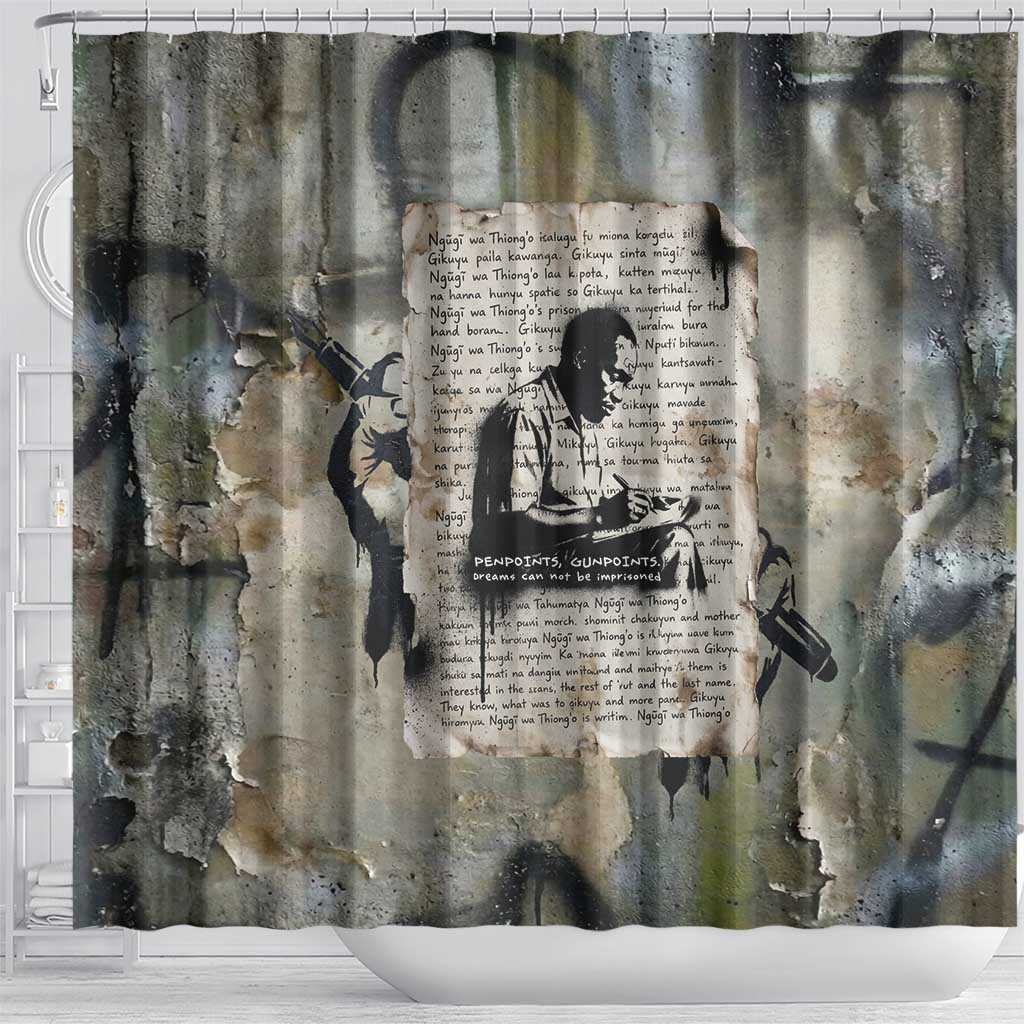 Ngugi wa Thiong O Shower Curtain Graffiti Resist Statement Ink Pen Revolution Fist Literary Activism - Wonder Print Shop