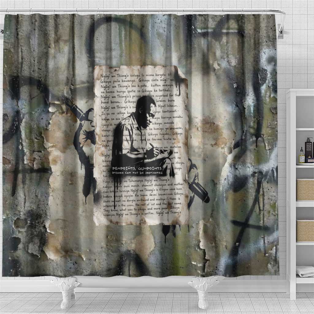 Ngugi wa Thiong O Shower Curtain Graffiti Resist Statement Ink Pen Revolution Fist Literary Activism - Wonder Print Shop