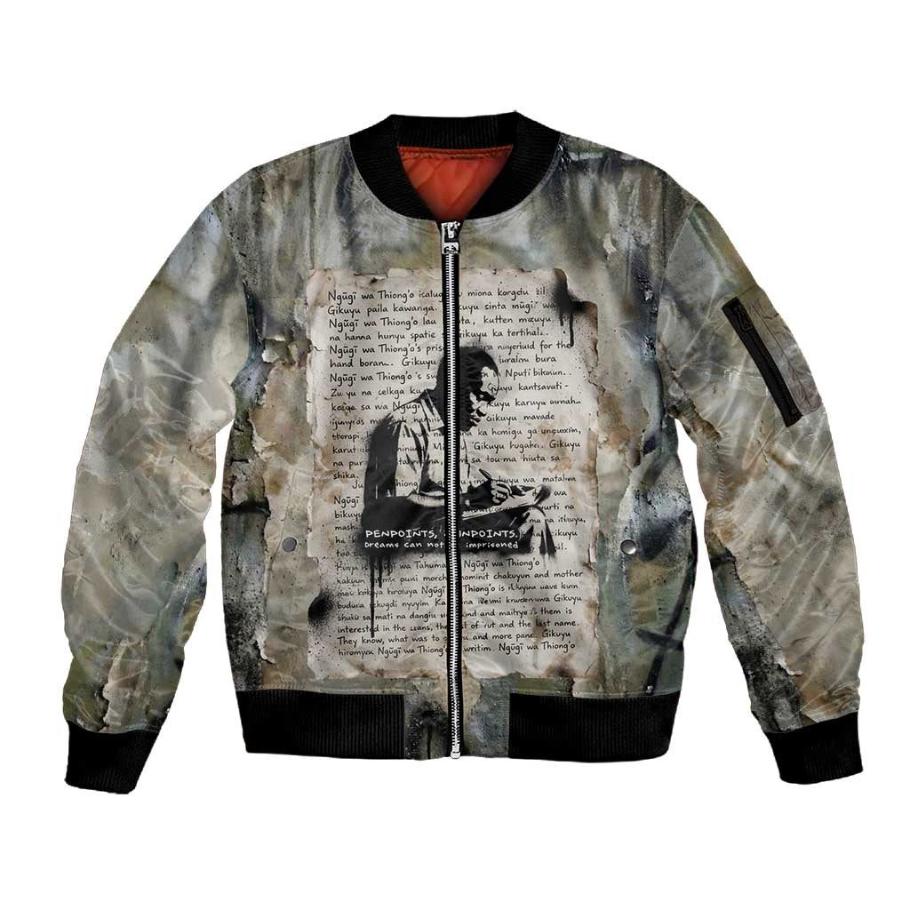 Ngugi wa Thiong O Sleeve Zip Bomber Jacket Graffiti Resist Statement Ink Pen Revolution Fist Literary Activism - Wonder Print Shop