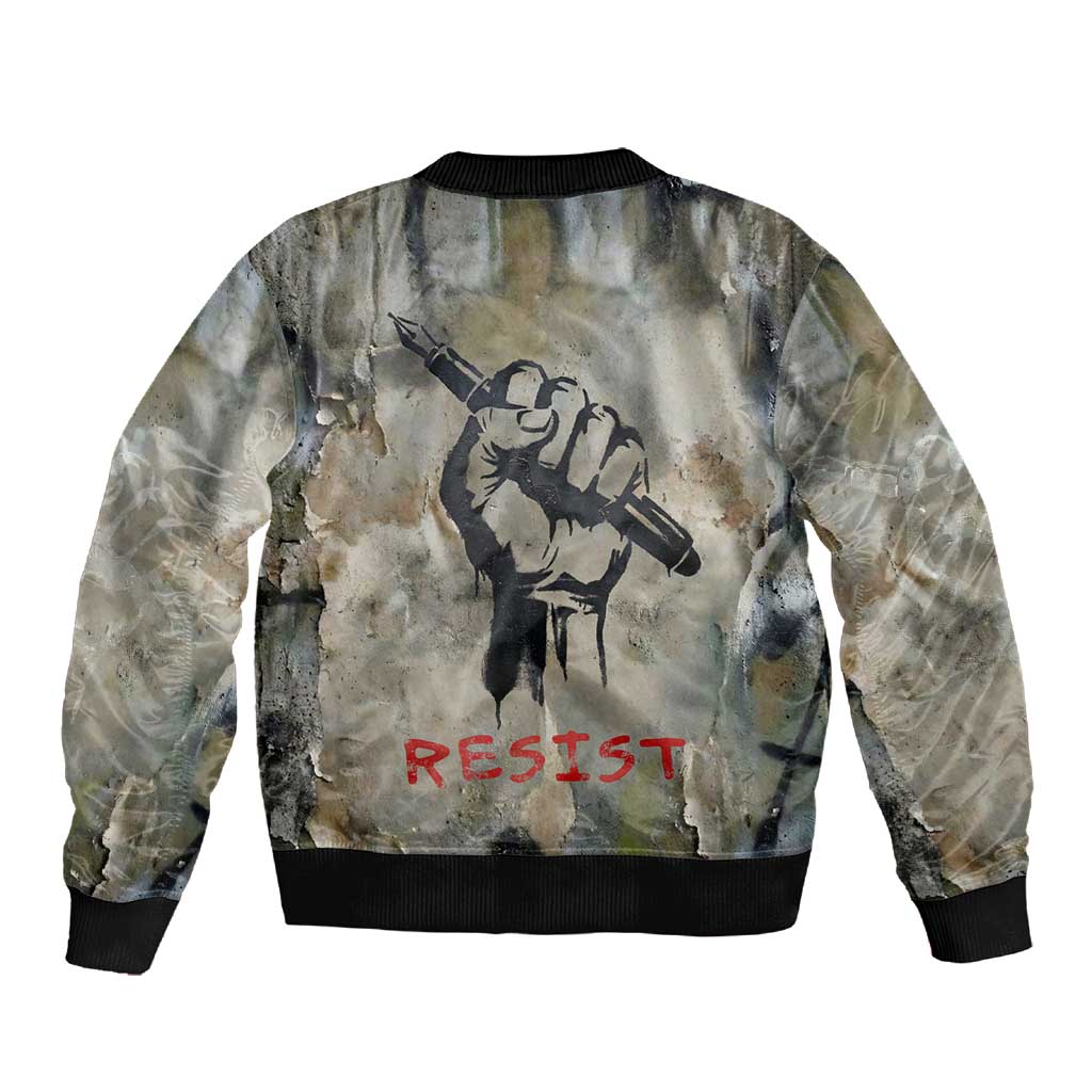 Ngugi wa Thiong O Sleeve Zip Bomber Jacket Graffiti Resist Statement Ink Pen Revolution Fist Literary Activism - Wonder Print Shop