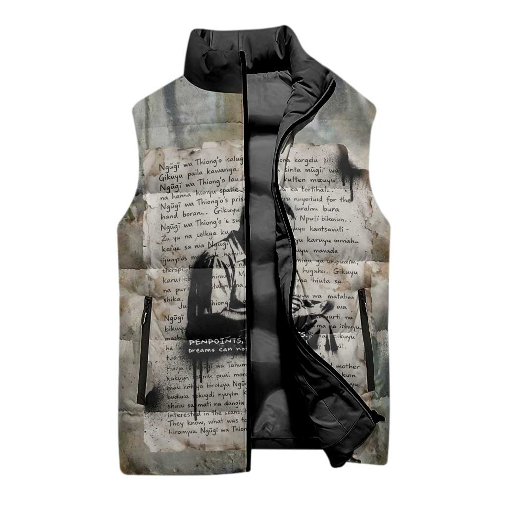 Ngugi wa Thiong O Sleeveless Puffer Jacket Graffiti Resist Statement Ink Pen Revolution Fist Literary Activism - Wonder Print Shop