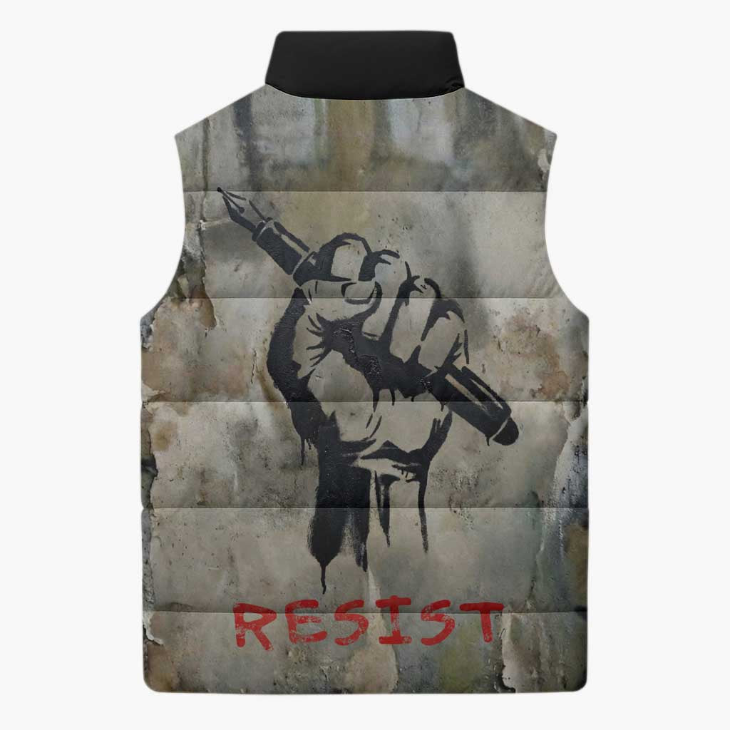 Ngugi wa Thiong O Sleeveless Puffer Jacket Graffiti Resist Statement Ink Pen Revolution Fist Literary Activism - Wonder Print Shop