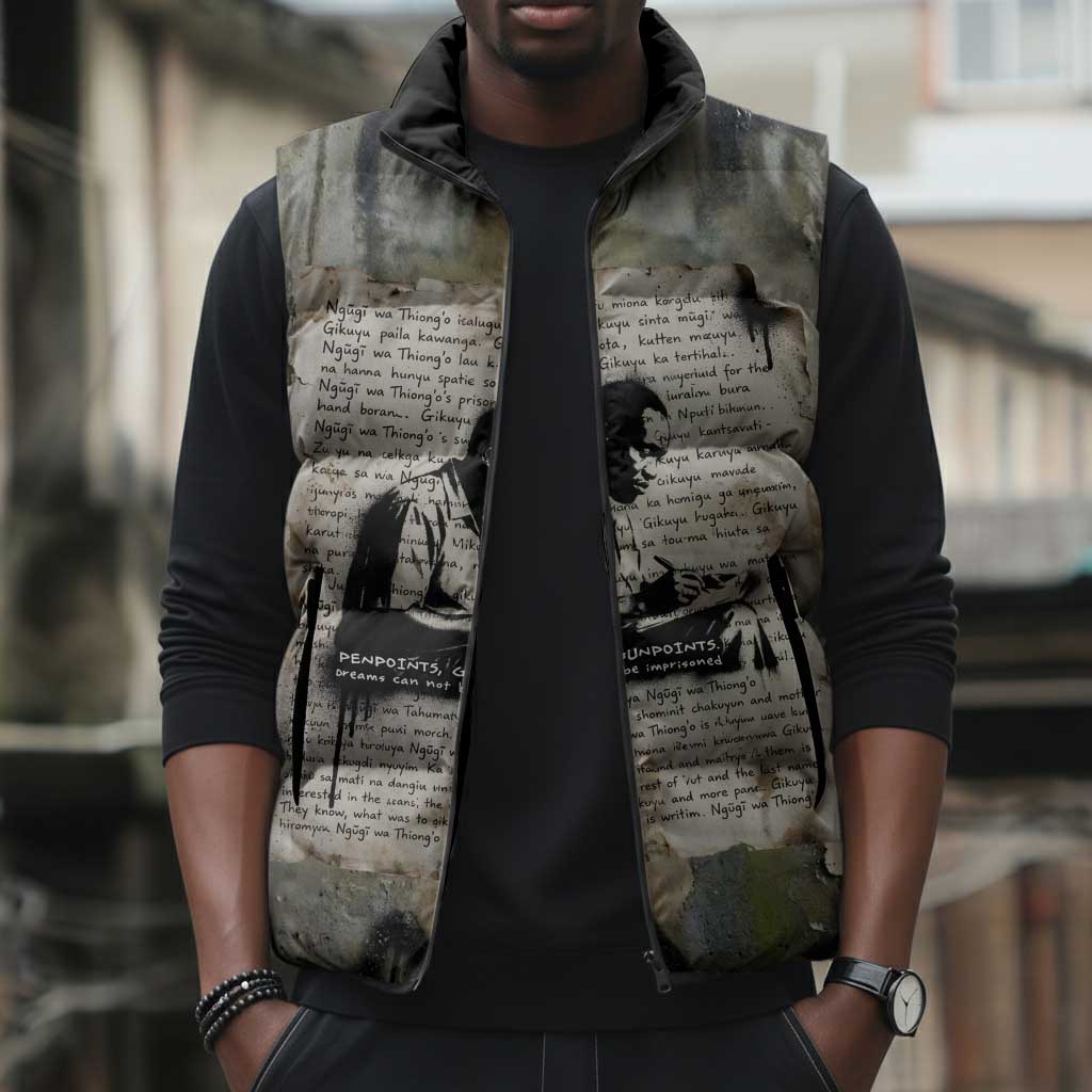 Ngugi wa Thiong O Sleeveless Puffer Jacket Graffiti Resist Statement Ink Pen Revolution Fist Literary Activism - Wonder Print Shop