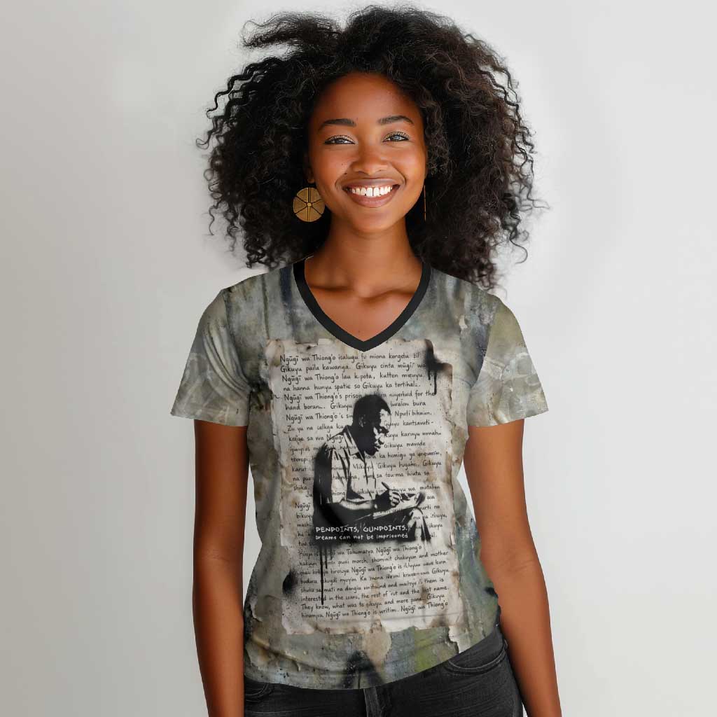 Ngugi wa Thiong O Women V-Neck T-Shirt Graffiti Resist Statement Ink Pen Revolution Fist Literary Activism - Wonder Print Shop
