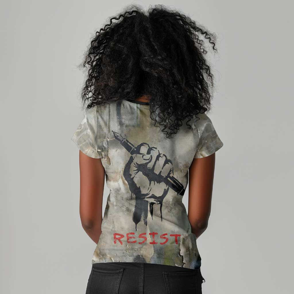 Ngugi wa Thiong O Women V-Neck T-Shirt Graffiti Resist Statement Ink Pen Revolution Fist Literary Activism - Wonder Print Shop