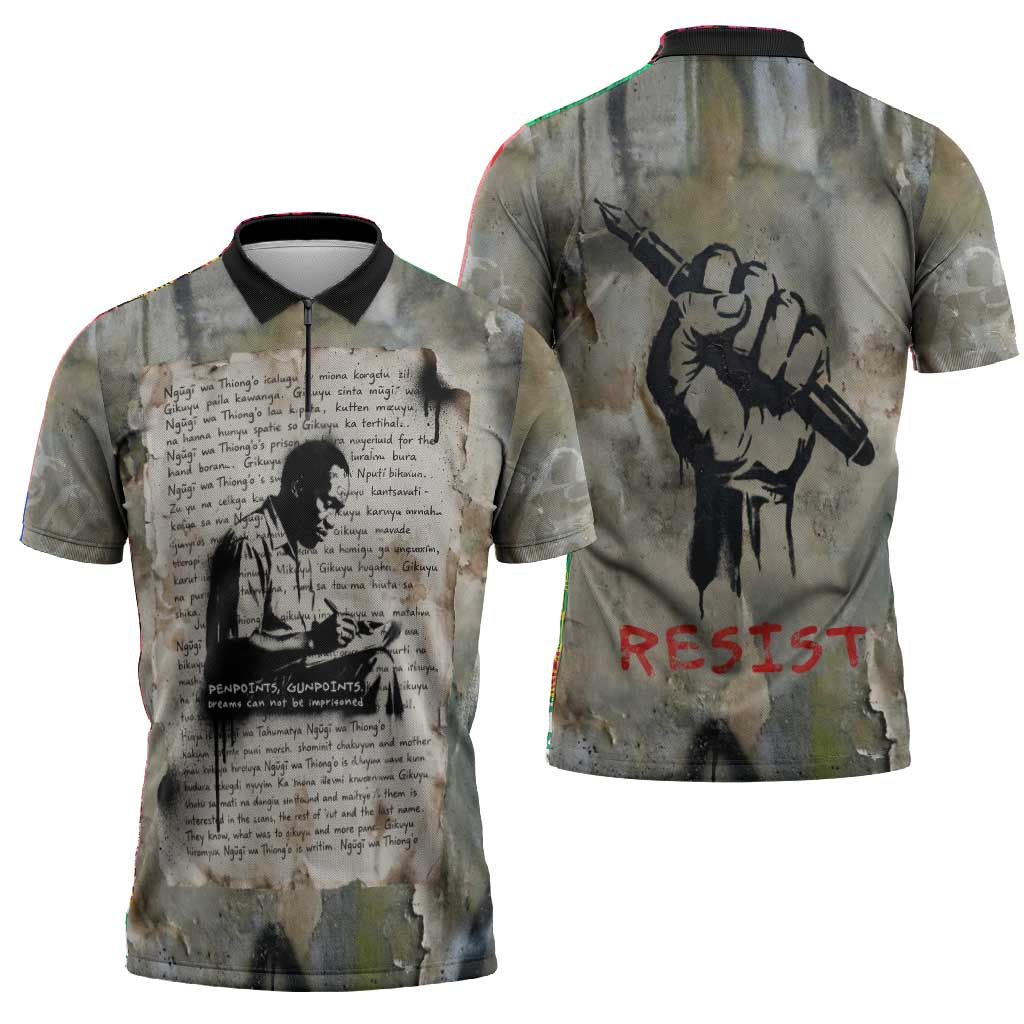 Ngugi wa Thiong O Zipper Polo Shirt Graffiti Resist Statement Ink Pen Revolution Fist Literary Activism - Wonder Print Shop