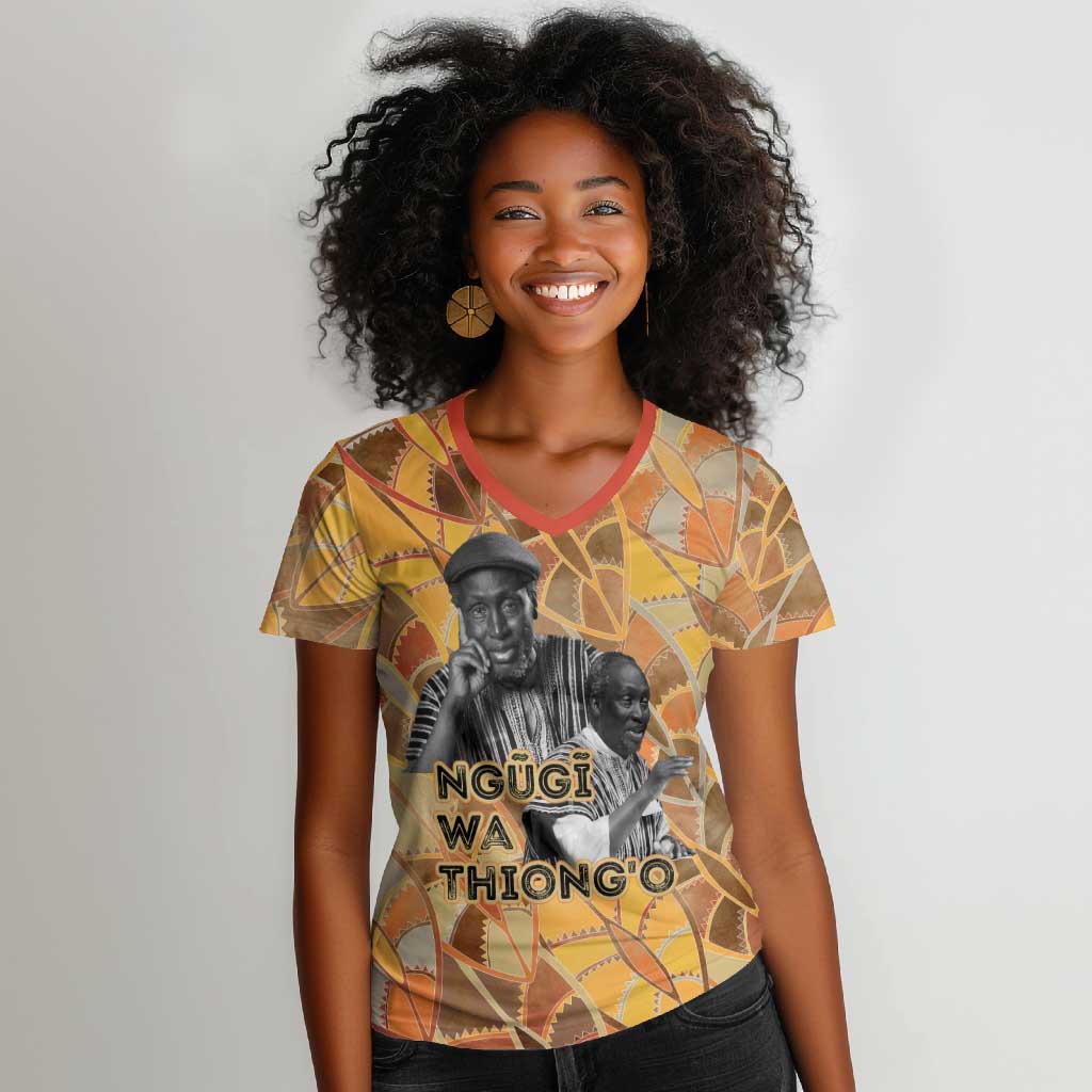 Ngugi wa Thiong O Women V-Neck T-Shirt African Literary Icon Portrait Cultural Revival - Wonder Print Shop