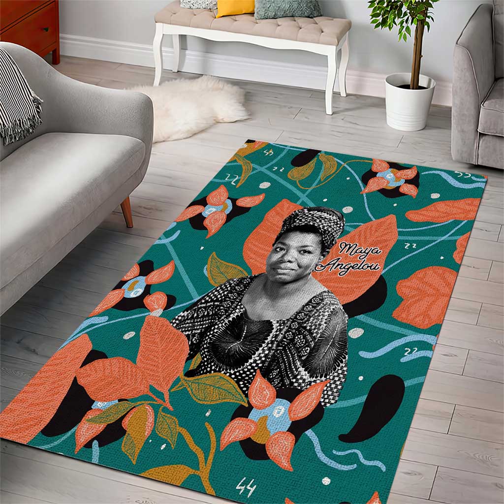 Maya Angelou Area Rug Inspirational Quote Design Vibrant Teal and Orange Leaf Motif - Wonder Print Shop