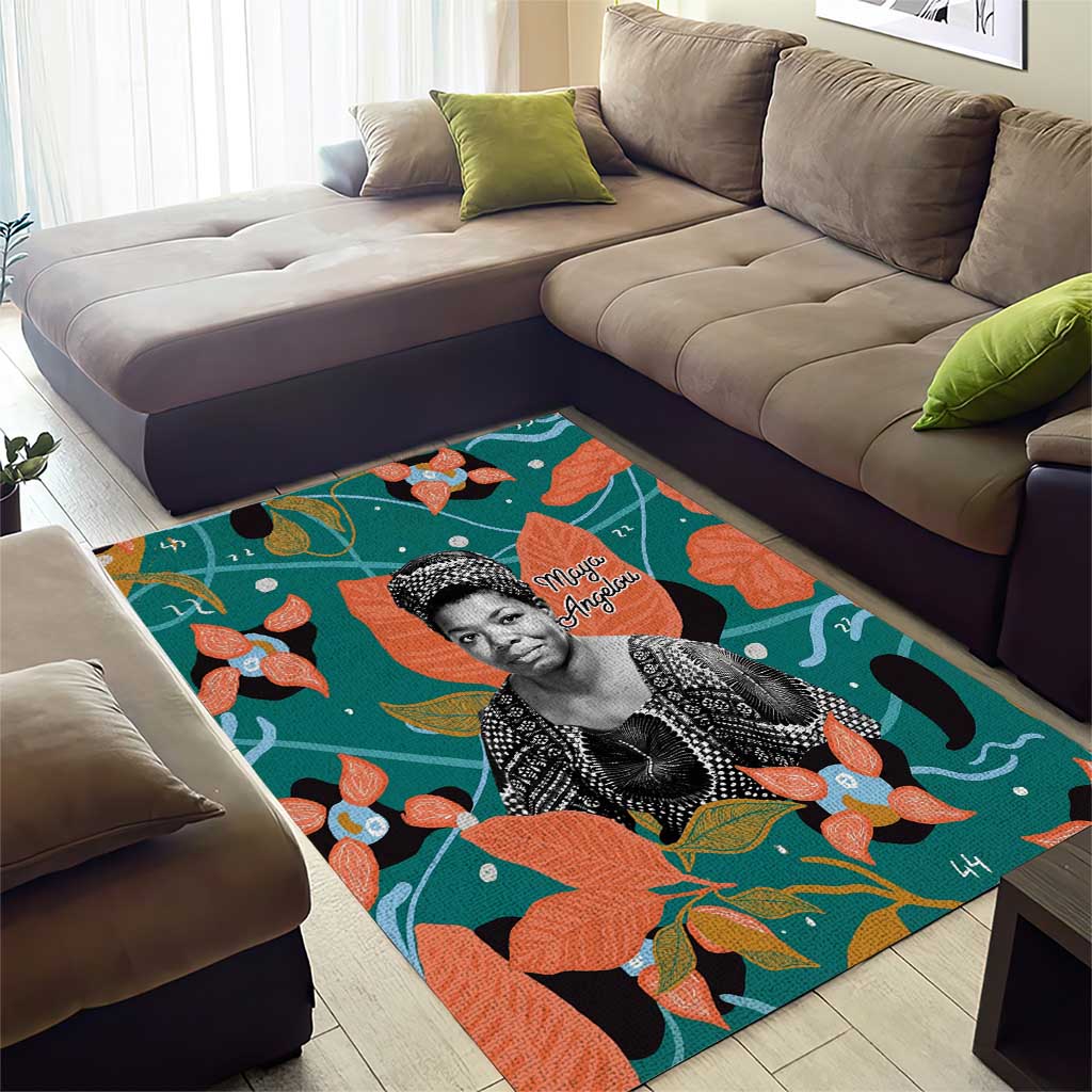 Maya Angelou Area Rug Inspirational Quote Design Vibrant Teal and Orange Leaf Motif - Wonder Print Shop