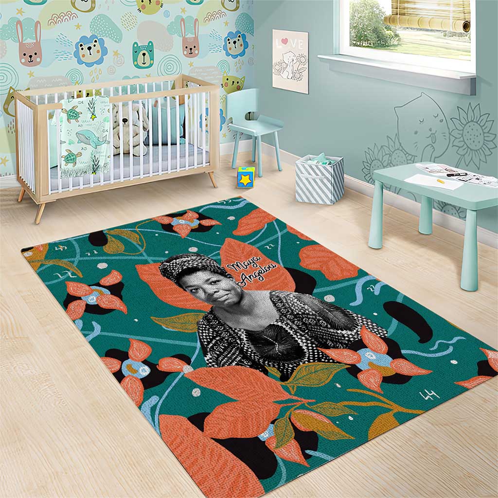 Maya Angelou Area Rug Inspirational Quote Design Vibrant Teal and Orange Leaf Motif - Wonder Print Shop